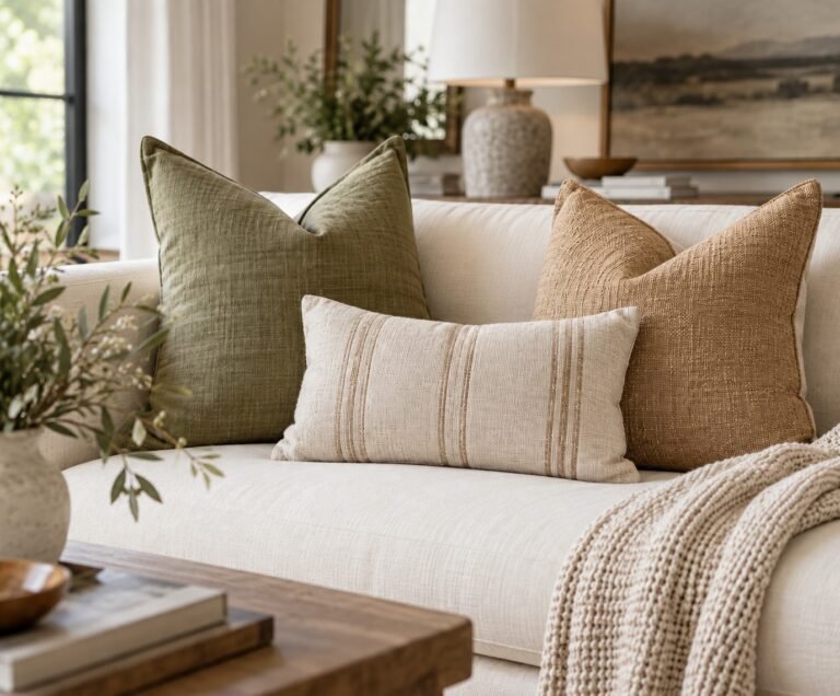 Cream couch styled with olive green linen, camel textured, and ivory striped throw pillows in a warm neutral living room.