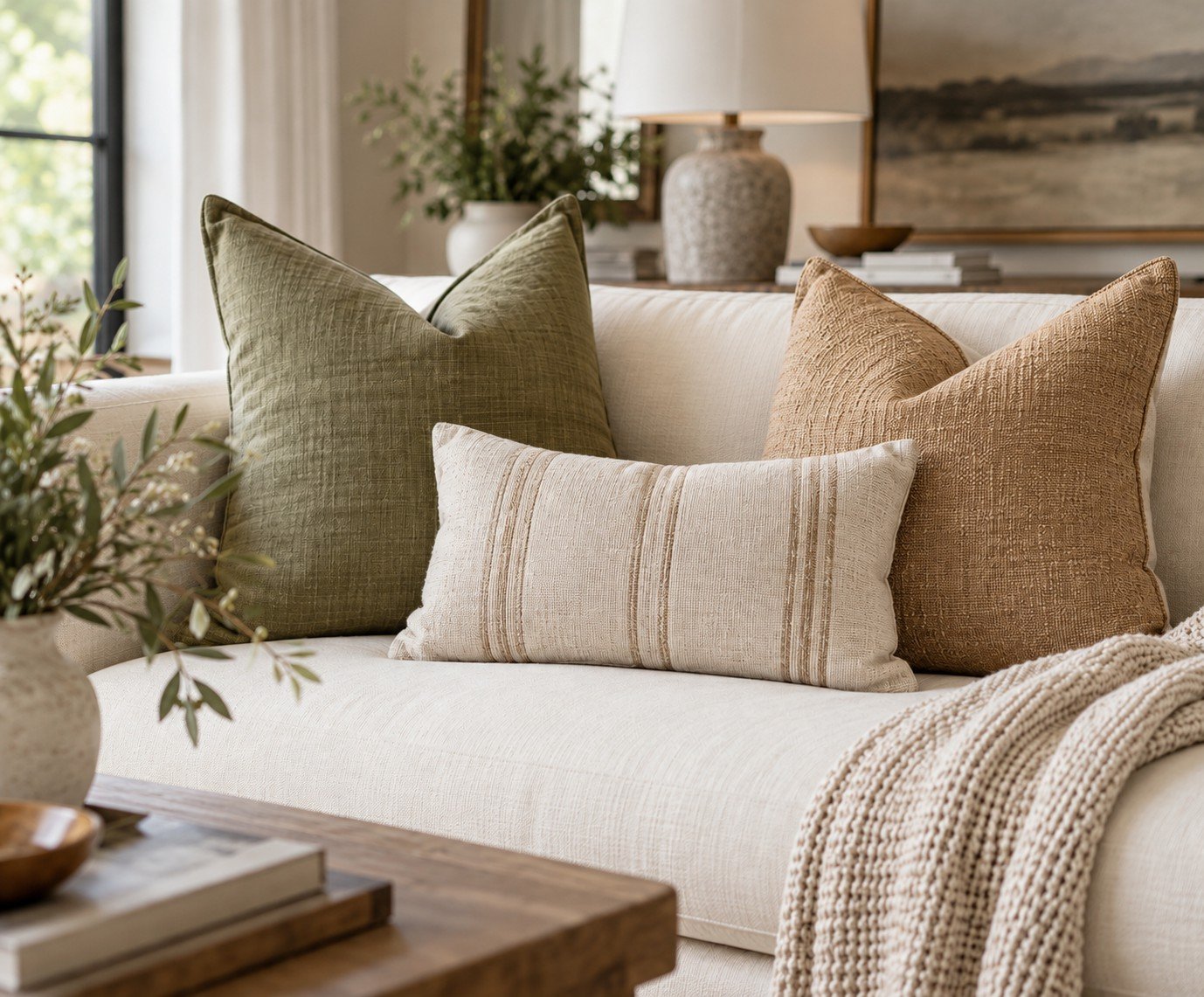 Cream couch styled with olive green linen, camel textured, and ivory striped throw pillows in a warm neutral living room.