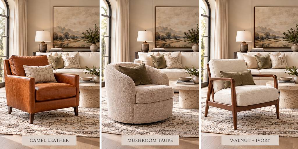 Three accent chair styles paired with a cream sofa: camel leather, mushroom taupe swivel, and walnut-frame ivory chair.