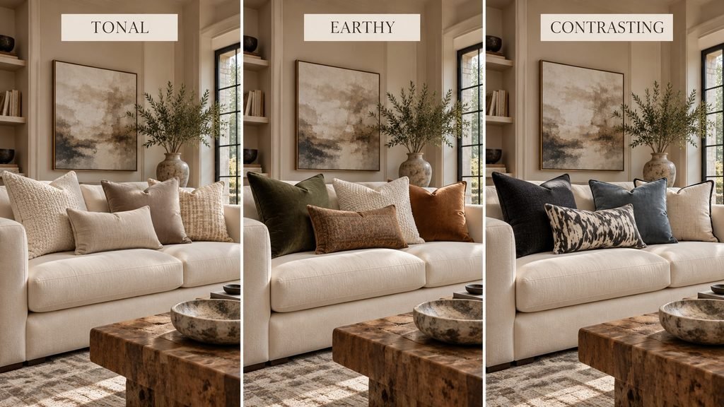 What color pillows go with a cream couch? Three styling examples featuring tonal neutrals, earthy olive and camel, and contrasting charcoal and blue pillows.
