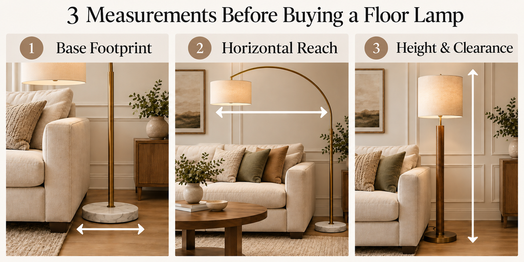 Three-panel diagram showing floor lamp base footprint, horizontal reach, and height beside cream sectional sofas.