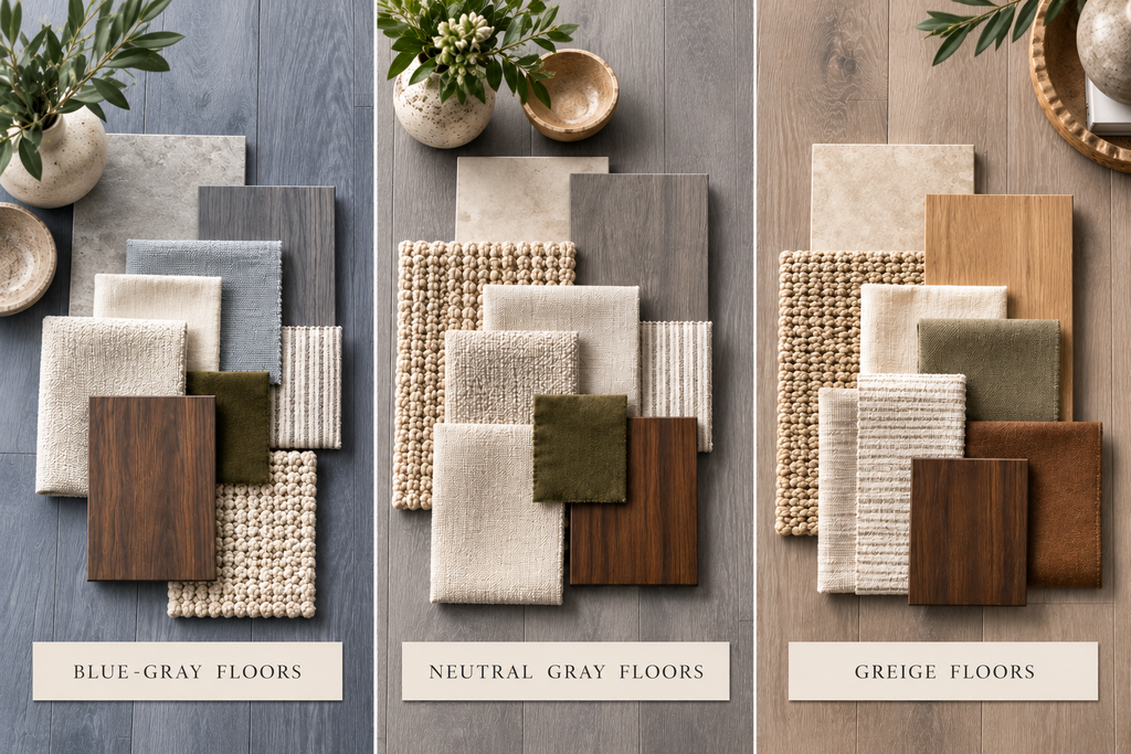 Side-by-side comparison of blue-gray, neutral gray, and greige wood flooring with coordinating cream fabrics, textured rugs, walnut wood samples, and earthy accents.