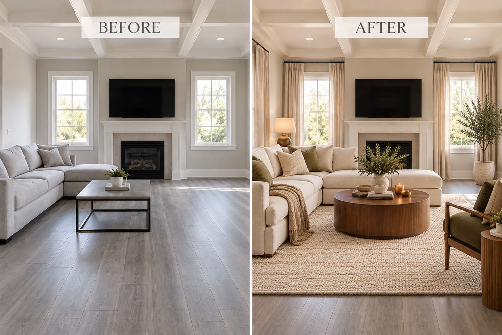 Before-and-after living room comparison showing the same gray wood-look floors with a cool gray seating arrangement and a warmer design featuring a cream sofa, oatmeal rug, walnut coffee table, and olive accents.