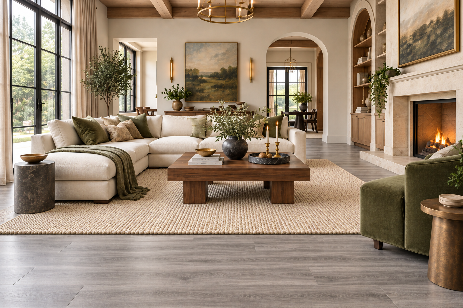 How to warm up gray floors with a cream sectional sofa, oatmeal rug, walnut coffee table, and muted olive accents.