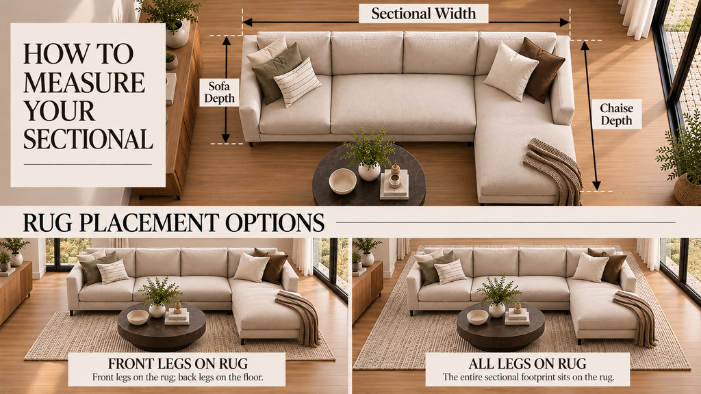 How to measure a sectional and choose what size rug under a sectional works best, with front-leg and all-leg placement examples.