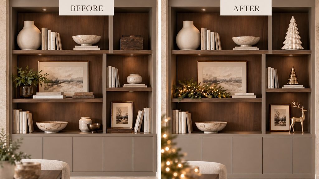 Before and after neutral Christmas shelf decor showing dark walnut built-in shelves transformed with ivory Christmas trees, an antique brass reindeer, and softly lit cedar greenery.