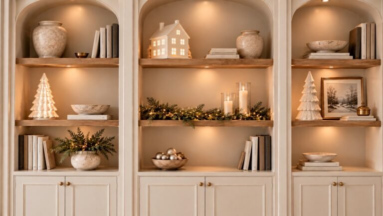 Elegant neutral Christmas shelf decor ideas featuring ivory ceramic trees, a glowing Christmas house, cedar garland, and champagne ornaments on built-in shelves.