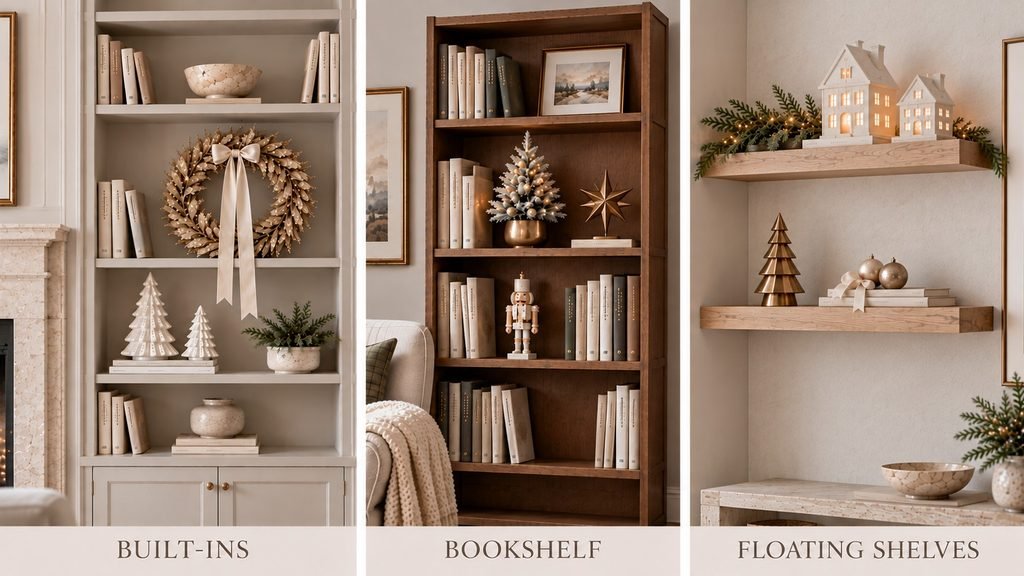 Three neutral Christmas shelf decor ideas featuring elegant built-ins with a wreath, a bookshelf with a miniature Christmas tree, and floating shelves with illuminated Christmas houses.