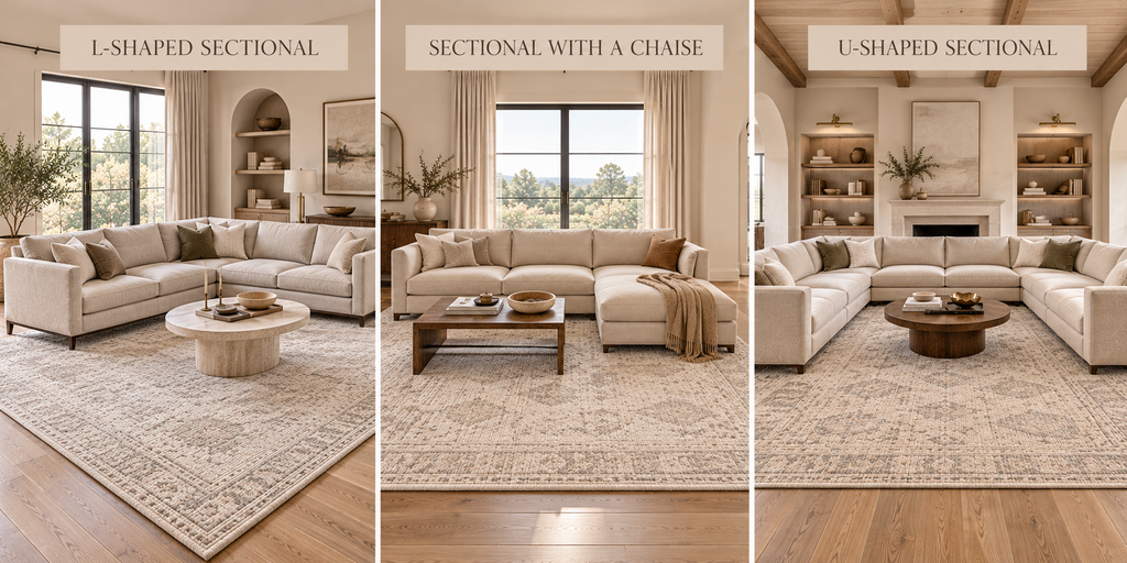 Three-panel comparison showing neutral area rug placement beneath L-shaped, chaise, and U-shaped sectional sofas.