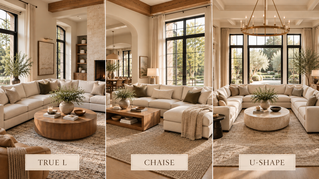 True L-shaped, chaise and U-shaped sectional sofas paired with appropriately sized coffee tables.