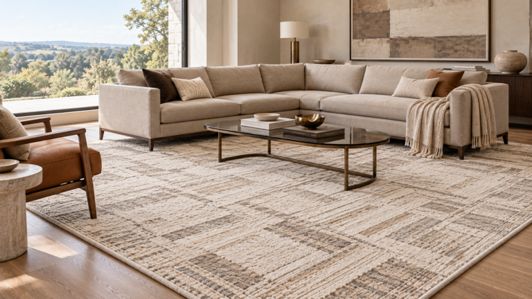 Large ivory-and-mushroom geometric area rug beneath a beige L-shaped sectional in a neutral living room.